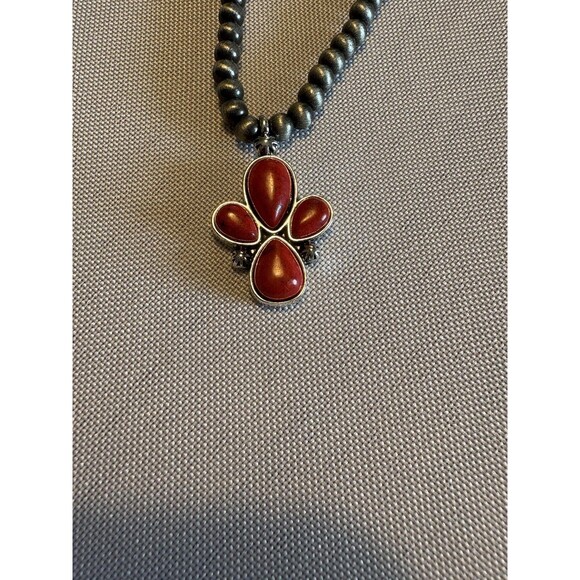 Handmade Silver Tone Beaded Necklace Teardrop Floral Pendant Adjustable Red - Picture 1 of 4
